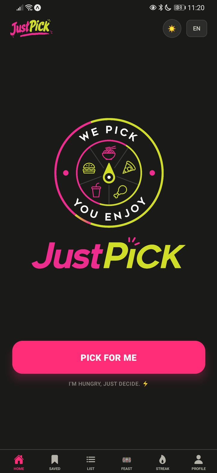 JustPICK app home screen with the Pick For Me button